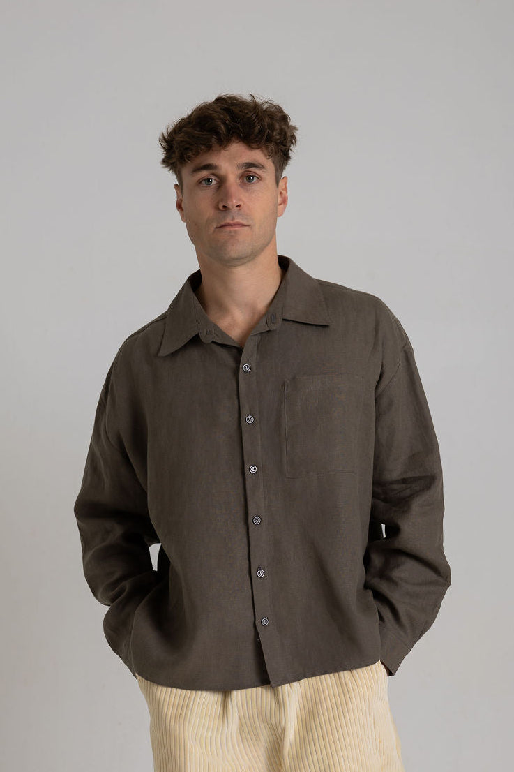 Khaki Linen Shirt - Long Sleeve